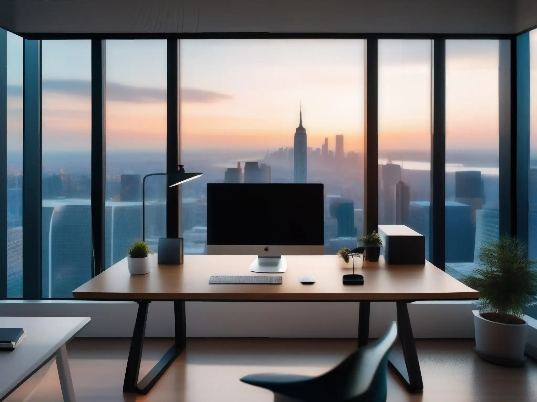 Oficina moderna para productividad con Hangouts Espacio de oficina moderno y minimalista con equipo de alta gama y vistas a la ciudad, ideal para Análisis de productividad de Hangouts