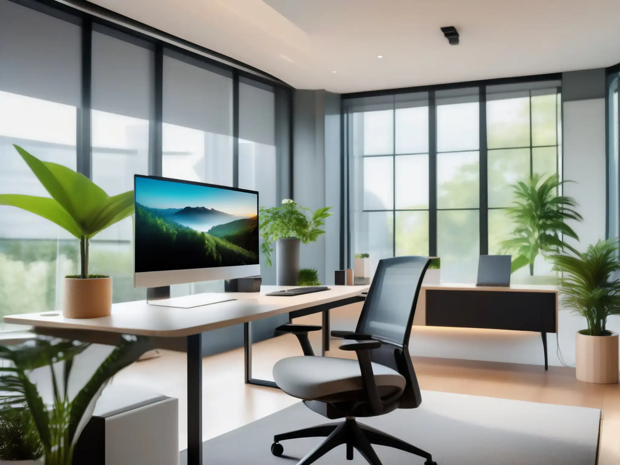 Oficina moderna para videoconferencias productivas Un espacio de oficina moderno y profesional, con un elegante escritorio, equipo de videoconferencias de alta calidad y una silla ergonómica