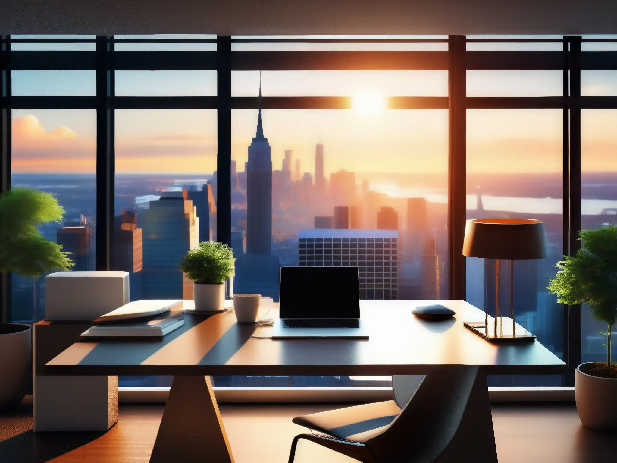 Oficina moderna con vista a la ciudad: productividad y tranquilidad Espacio de oficina moderno y sereno con vista a la ciudad