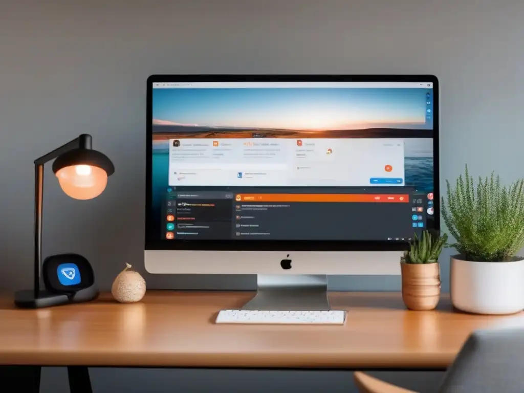 Oficina en casa eficiente con Zapier: videoconferencia y automatización Un espacio de oficina moderno con automatización de videoconferencias con Zapier, elegante y profesional