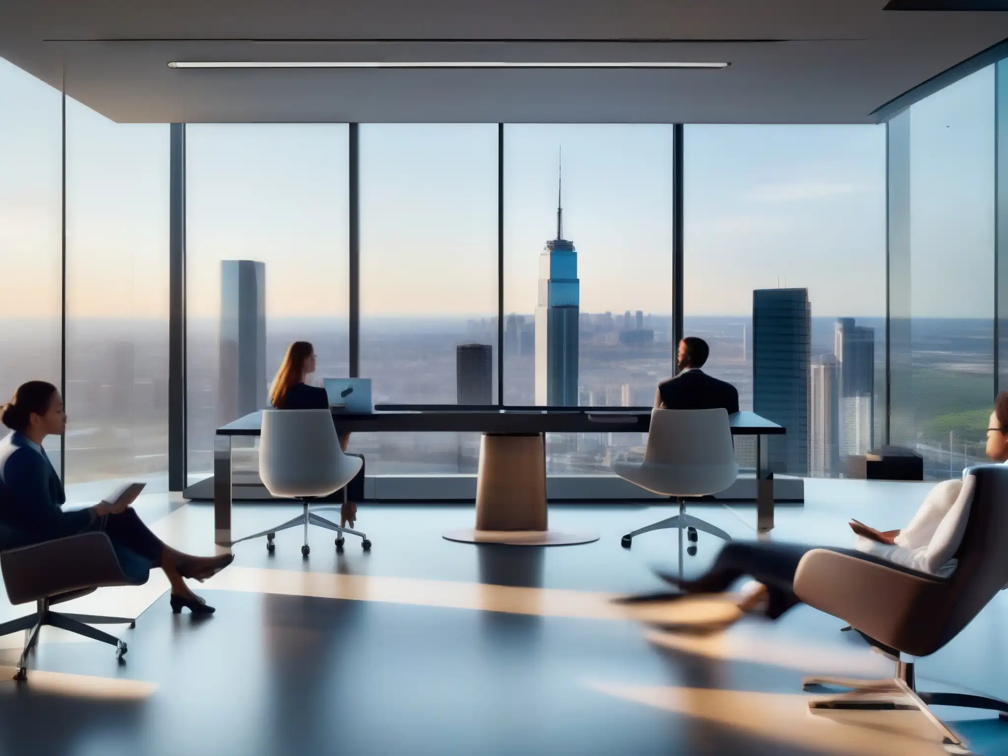 Oficina moderna con tecnología de videoconferencia avanzada Un espacio de oficina moderno con vista panorámica a la ciudad, equipo de videoconferencia de vanguardia y profesionales colaborando