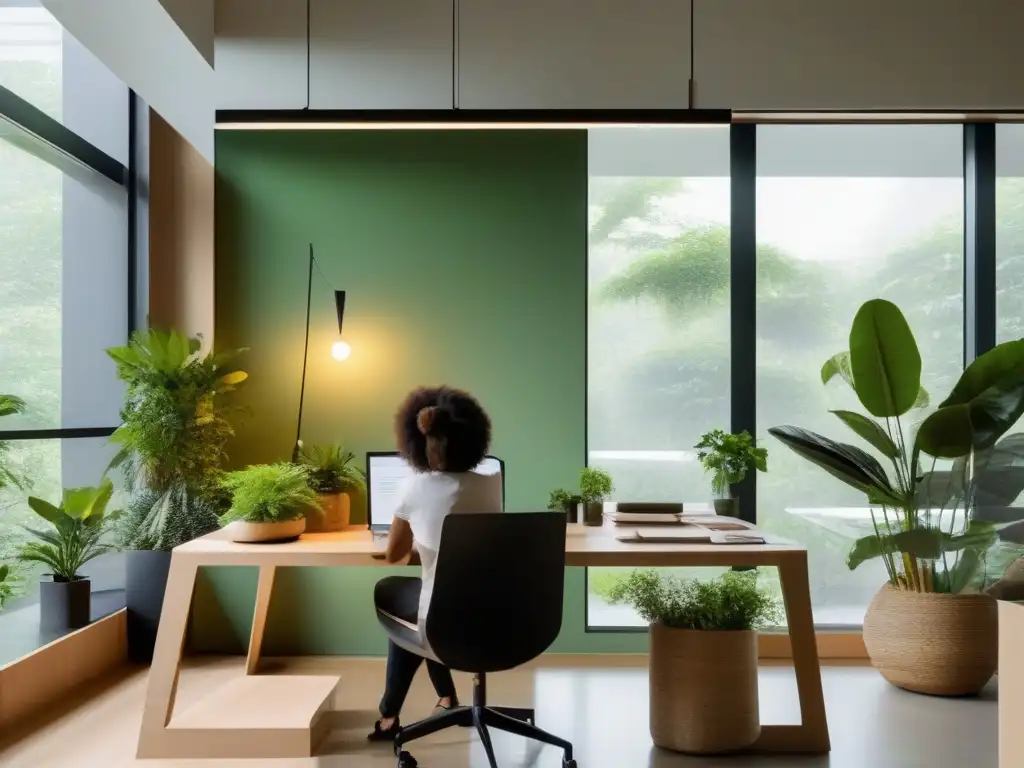 Oficina sostenible y serena: ecoconciencia en cada detalle Un espacio de oficina sereno y minimalista con muebles sostenibles y decoración ecológica