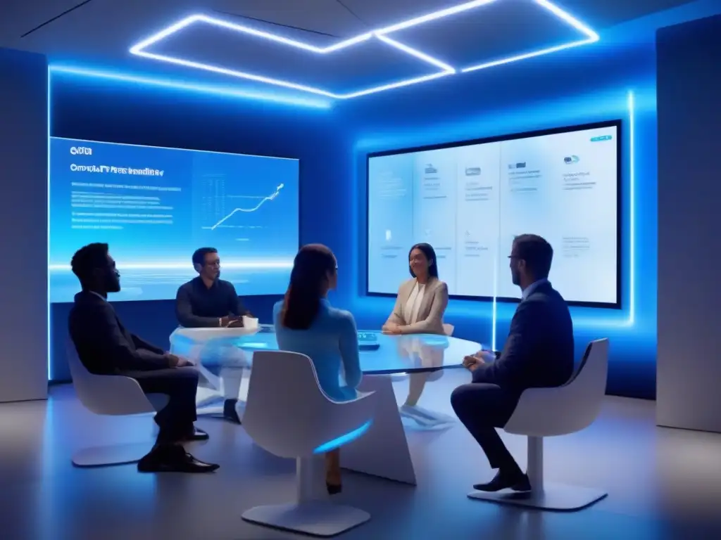Sala de reuniones virtuales 5G futurista con hologramas 3D Espacio de reunión virtual futurista con tecnología 5G, proyectando hologramas 3D en tiempo real