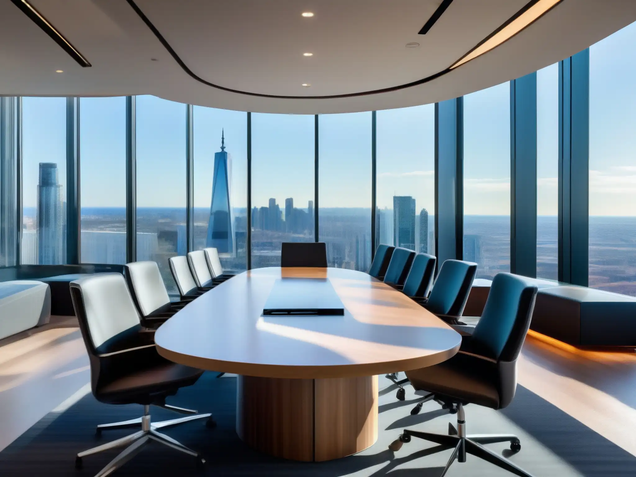 Sala de reuniones moderna con tecnología de vanguardia y vistas urbanas Espacio de reunión moderno con tecnología Zoom para mejorar colaboración en PYME
