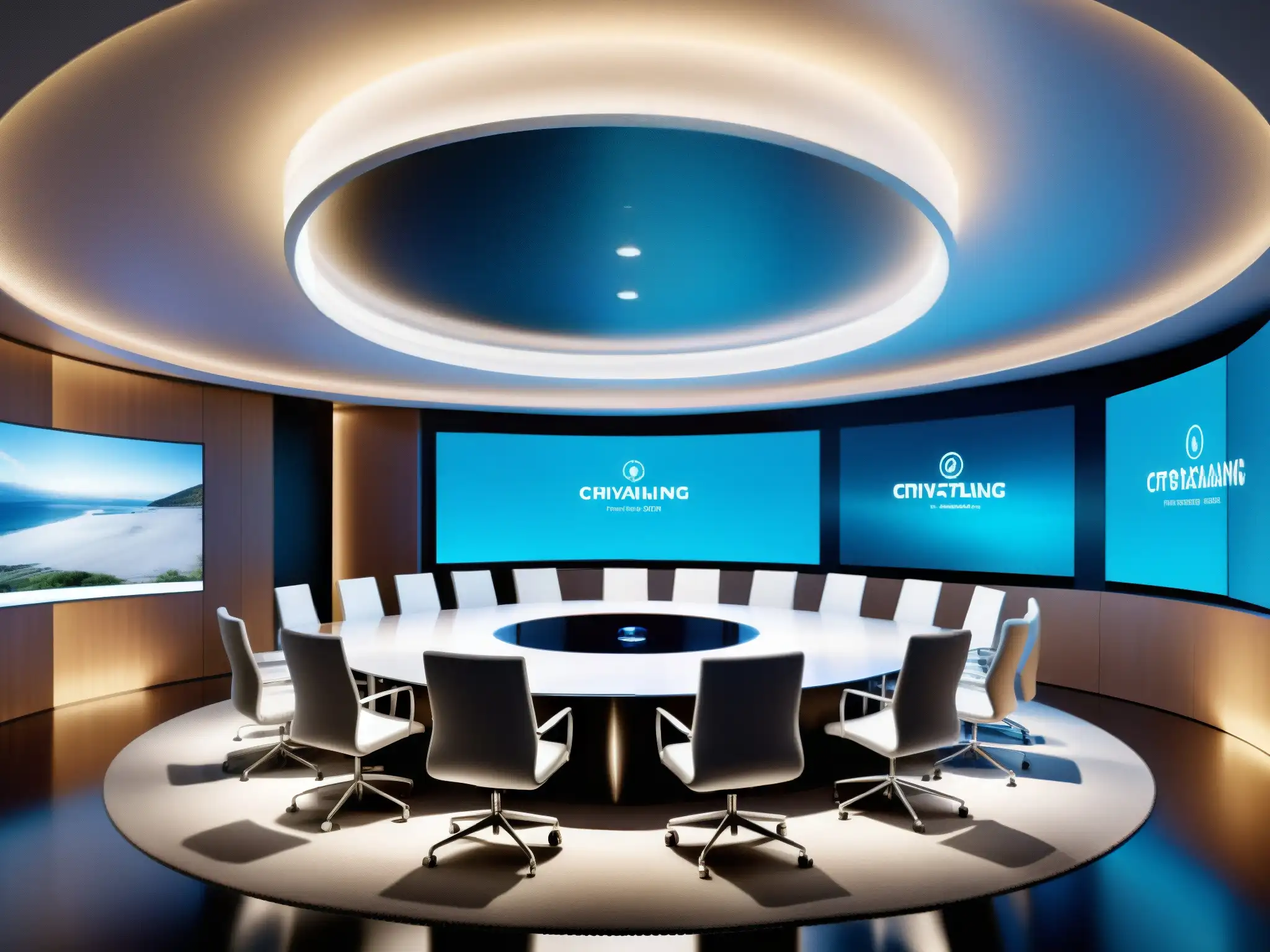 Sala de Reuniones Virtuales Futurista Espacio de reunión virtual futurista con tecnología de IA para videoconferencias, creando una atmósfera cálida y envolvente
