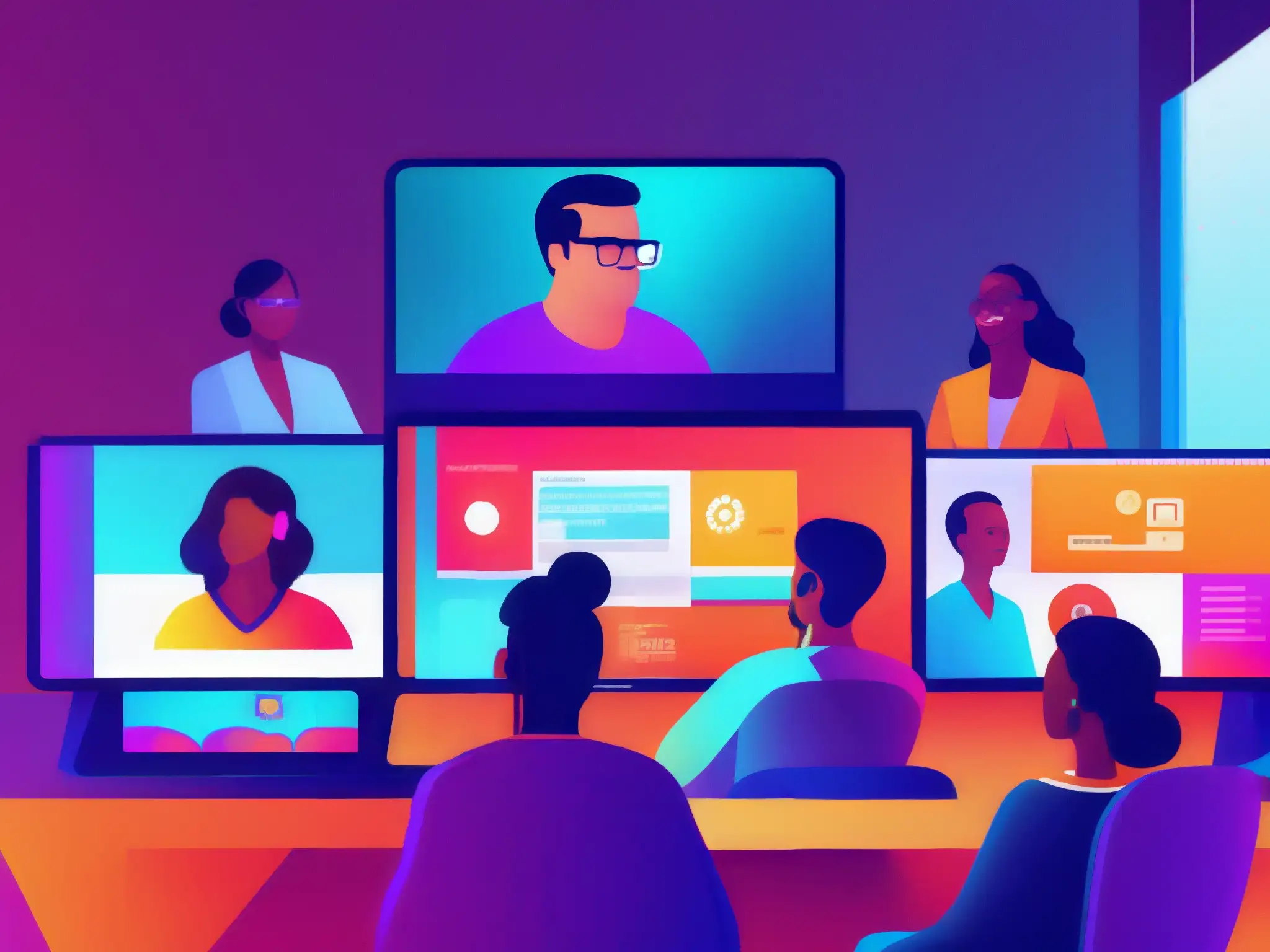 Videoconferencia inclusiva en un espacio virtual futurista: 8k detallado Un espacio de reunión virtual inclusivo y futurista con personas colaborando y usando herramientas de videoconferencia accesibles
