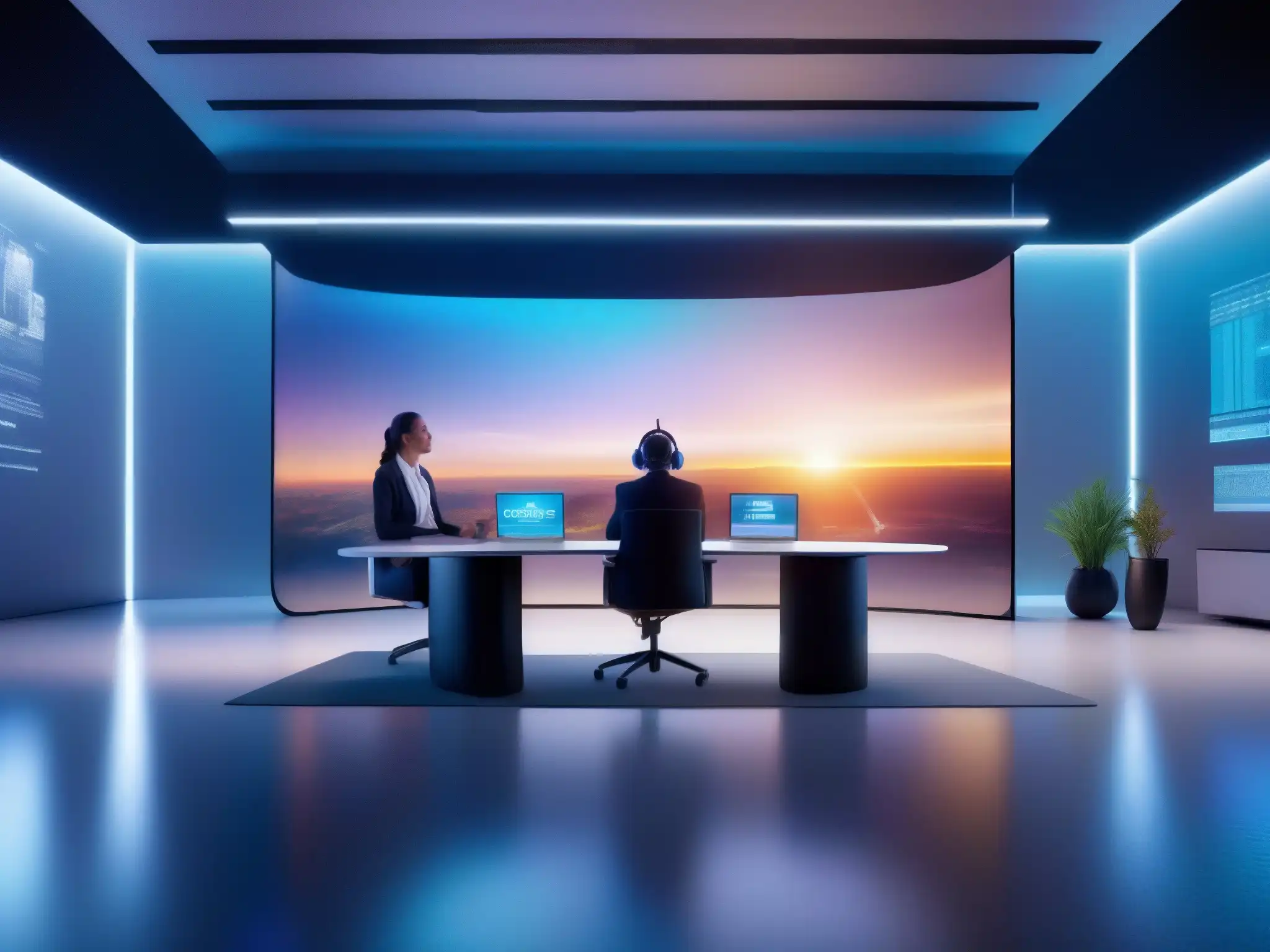 Sala de reuniones VR 8k: Futurista y Profesional Un espacio de reunión virtual en realidad virtual con herramientas de videoconferencia de última generación