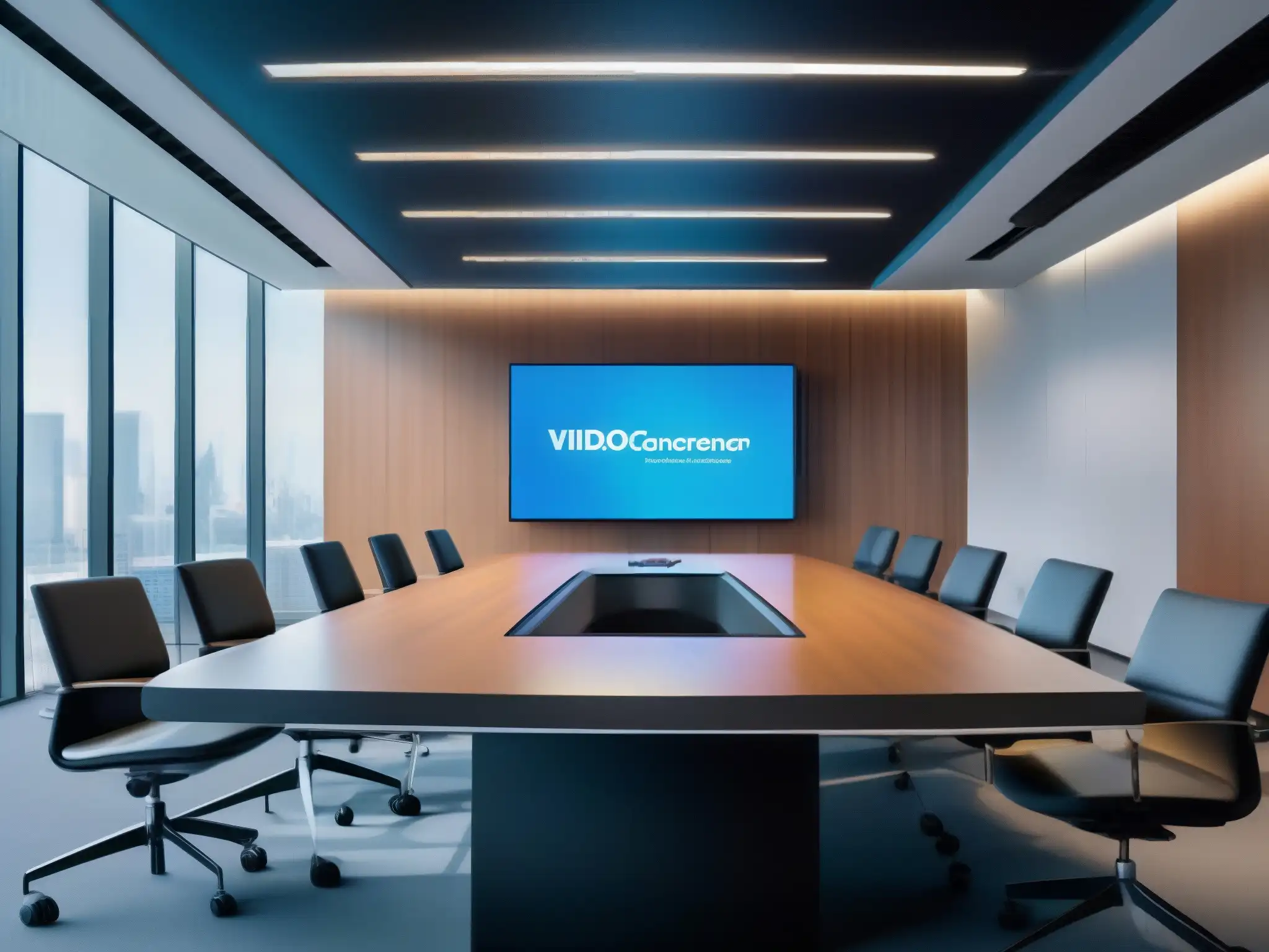 Sala de conferencias futurista con video wall personalizado Espacio de reuniones futurista con servicios de videoconferencia personalizados, pantalla gigante y mobiliario minimalista