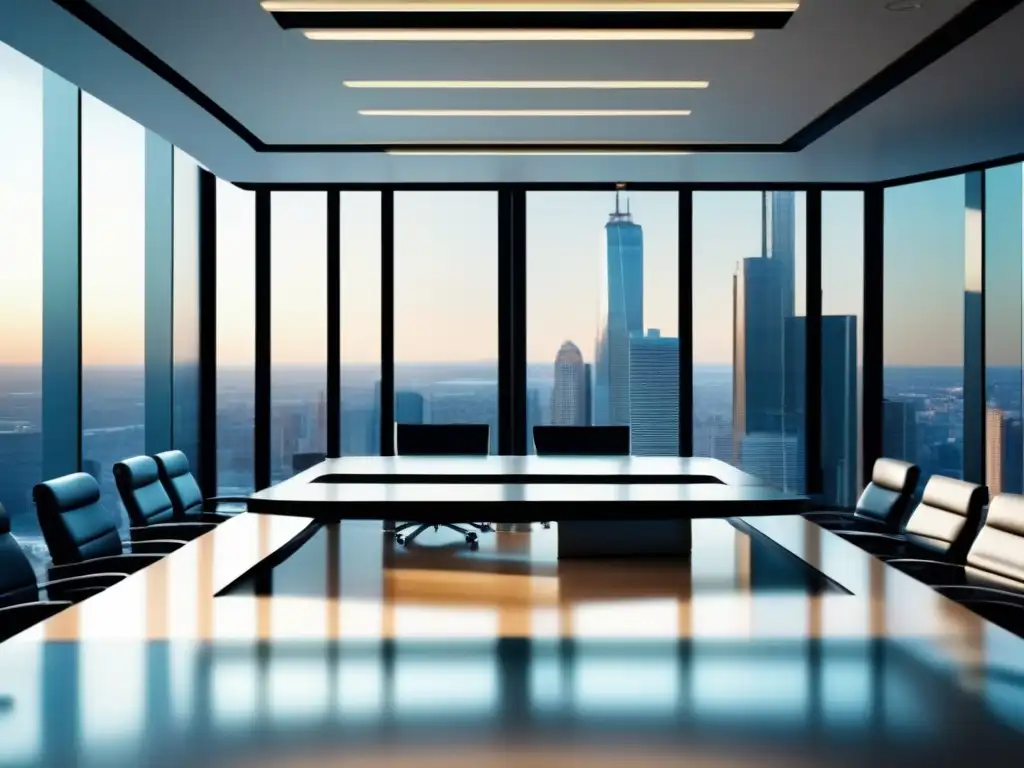 Sala de juntas moderna con vista a la ciudad Espacio de reuniones moderno con mesa de conferencias, sillas ergonómicas y pantalla de videoconferencias