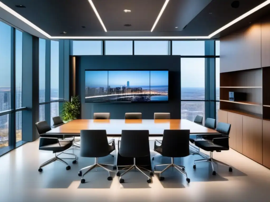 Sala de conferencias moderna y sofisticada para empresas Espacio de reuniones moderno con soluciones videoconferencia correo electrónico, equipado con tecnología de vanguardia y elegante mobiliario