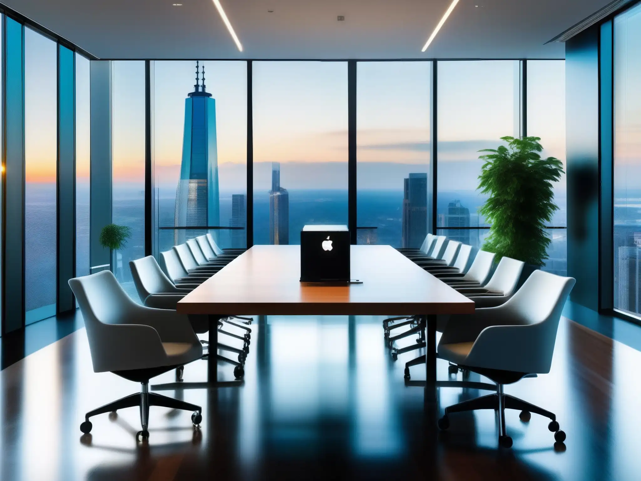 Moderna sala de conferencias con vistas a la ciudad y tecnología Zoom Espacio de reuniones moderno con vista a la ciudad, mobiliario contemporáneo, tecnología Zoom integrada y ambiente profesional