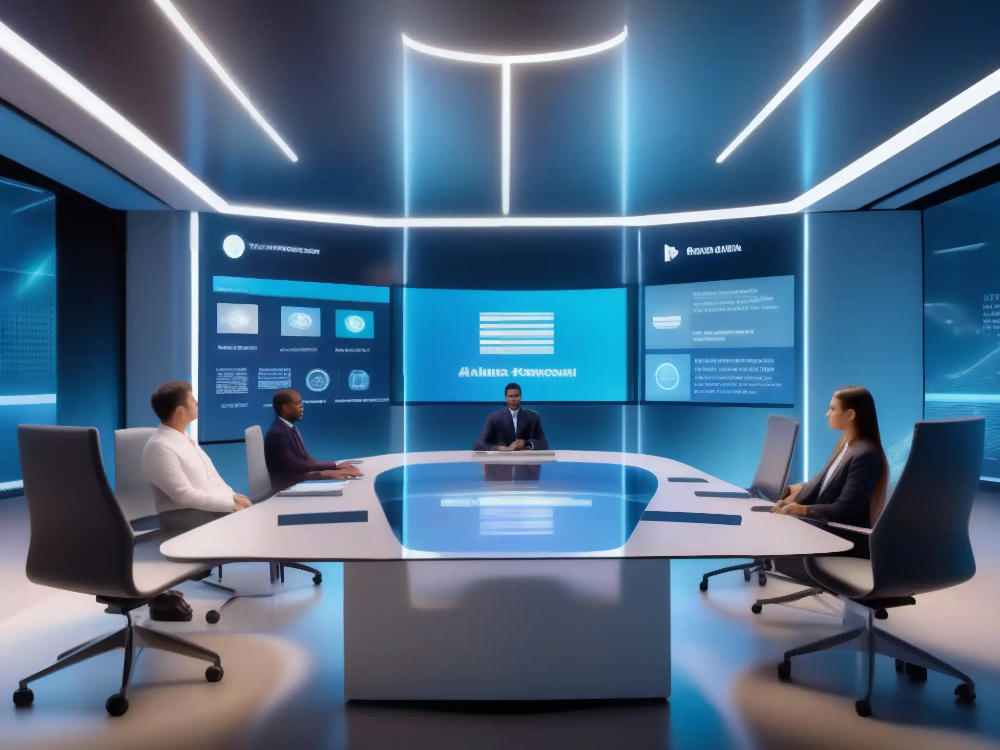 Sala de reuniones virtuales futurista con IA para moderación de contenido Espacio de reuniones virtuales futurista con inteligencia artificial moderando contenido en videoconferencias