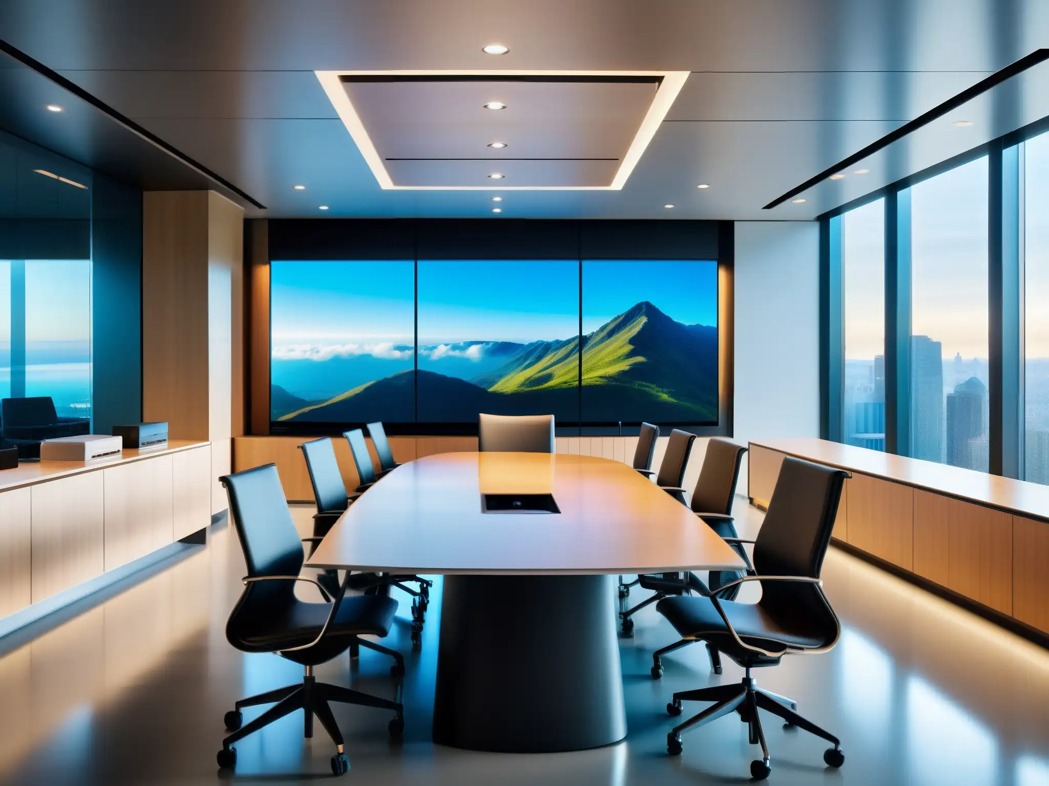 Salón de conferencias moderno y sofisticado con tecnología de vanguardia Espacio de reuniones virtuales PYMES personalizadas en oficina moderna con tecnología de vanguardia y diseño minimalista