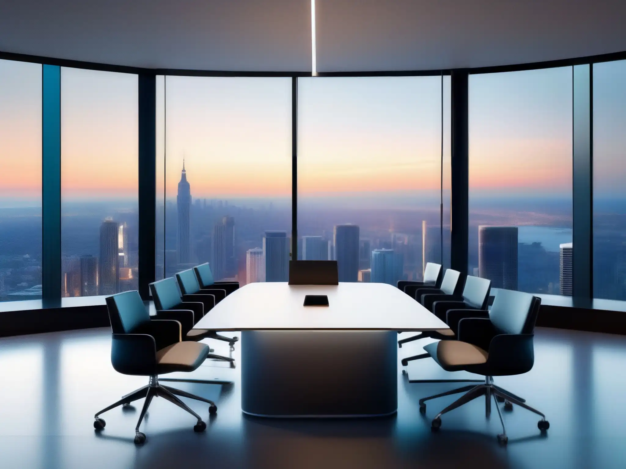 Sala de reuniones virtuales de lujo: moderna, elegante y profesional Espacio de reuniones virtuales en sector inmobiliario con diseño moderno, equipamiento de videoconferencia y vista panorámica de la ciudad