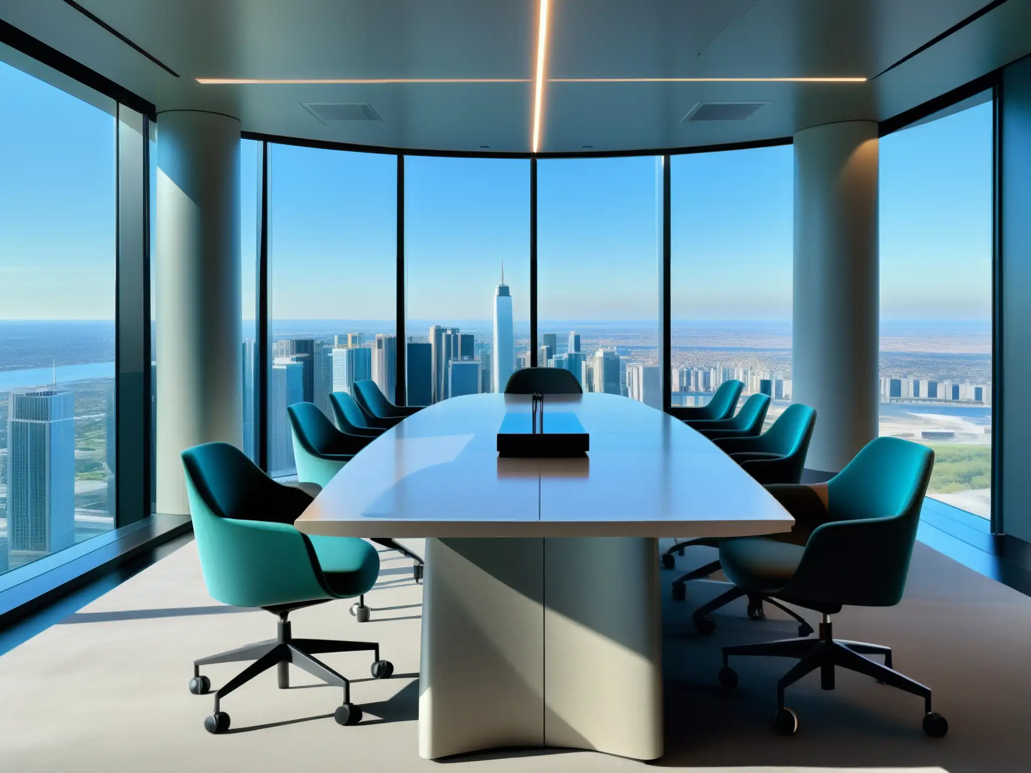Sala de reuniones virtuales de alta tecnología con vistas a la ciudad Espacio para reuniones virtuales en sector inmobiliario: sala moderna y elegante con vistas panorámicas a la ciudad y tecnología de vanguardia