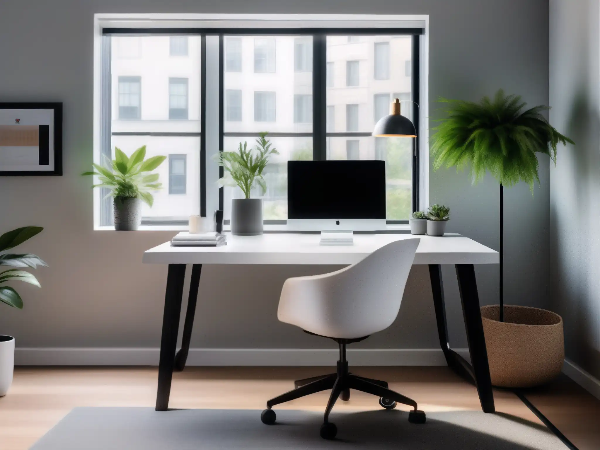 Oficina en casa moderna y minimalista con luz natural Espacio de trabajo en casa con decoración moderna para videoconferencias y productividad