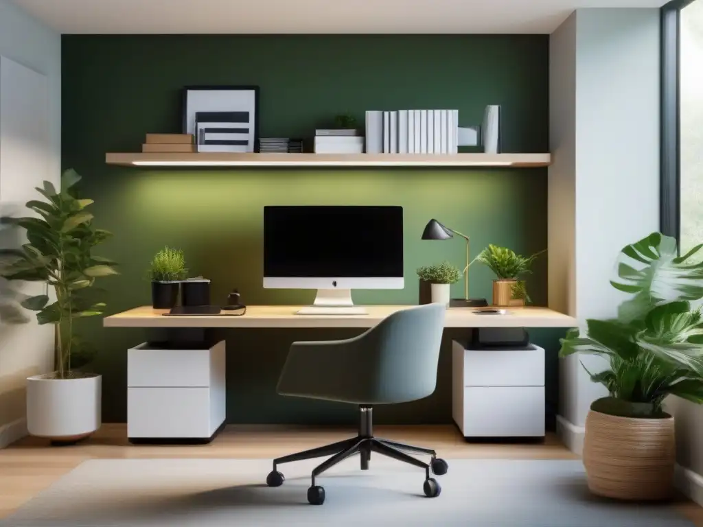 Oficina en casa moderna con tecnología de videoconferencia de alta gama Espacio de trabajo en casa moderno con videoconferencias para el teletrabajo, decoración minimalista y plantas verdes, ambiente productivo y acogedor
