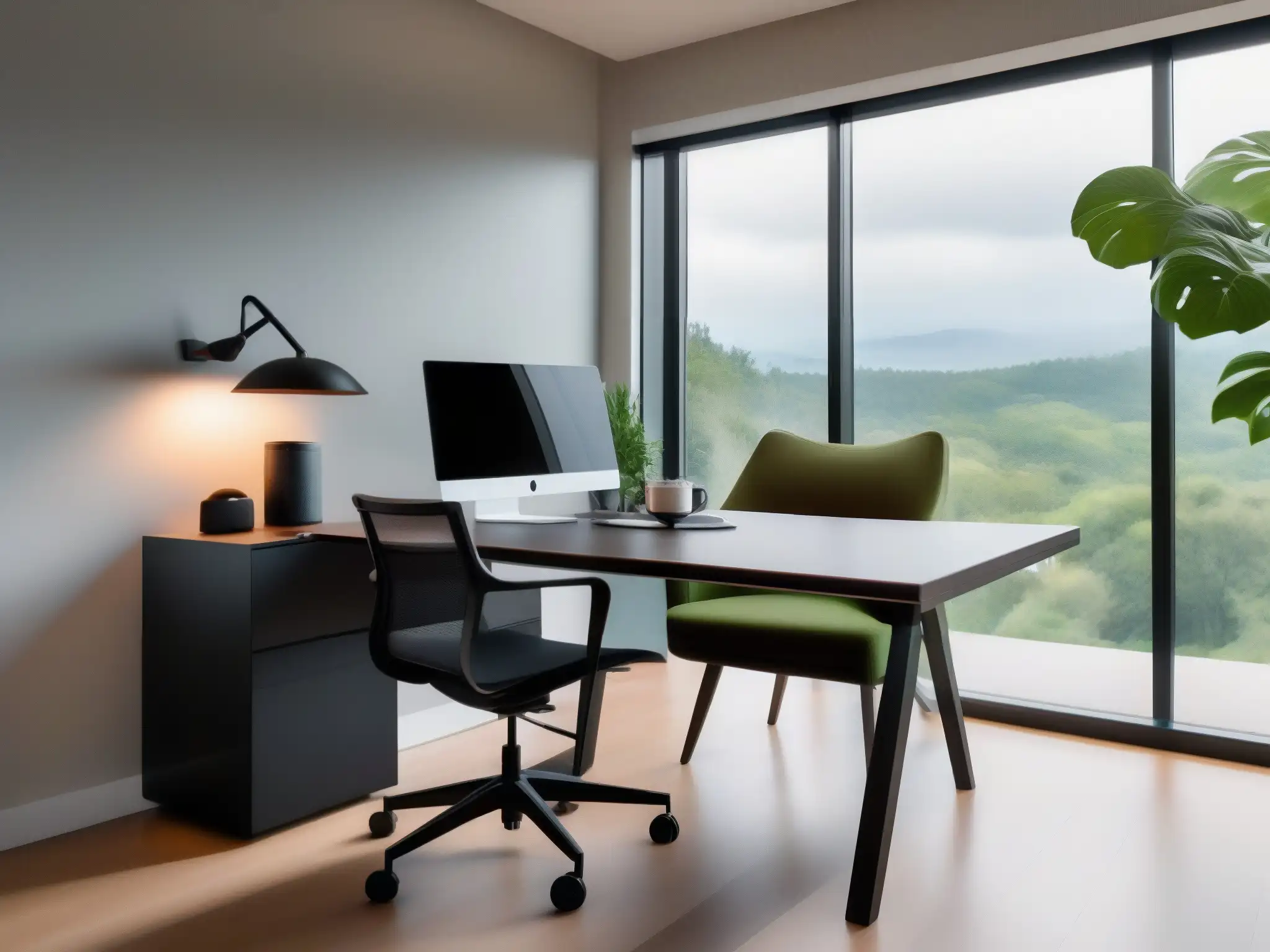 Oficina en casa moderna y profesional con vista y comodidad Espacio de trabajo en casa moderno y profesional con videoconferencias para trabajar desde casa, equipo ergonómico y vista a la naturaleza