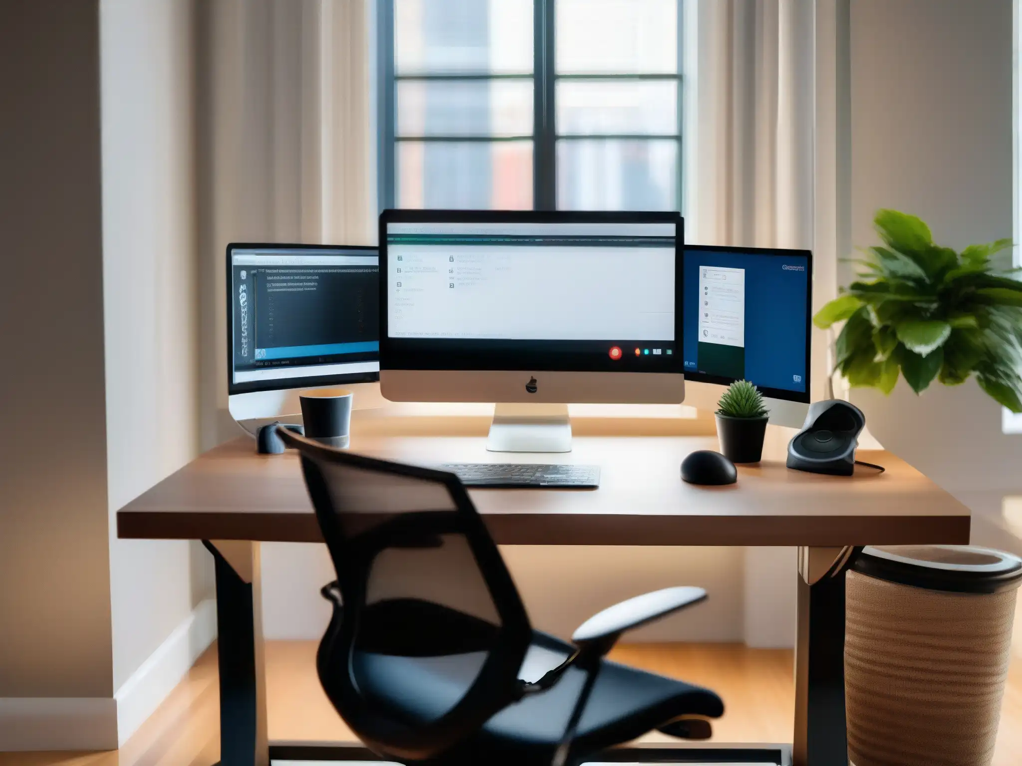 Oficina en casa profesional con equipo moderno Un espacio de trabajo en casa profesional y moderno con múltiples monitores, equipo de videoconferencia y decoración minimalista