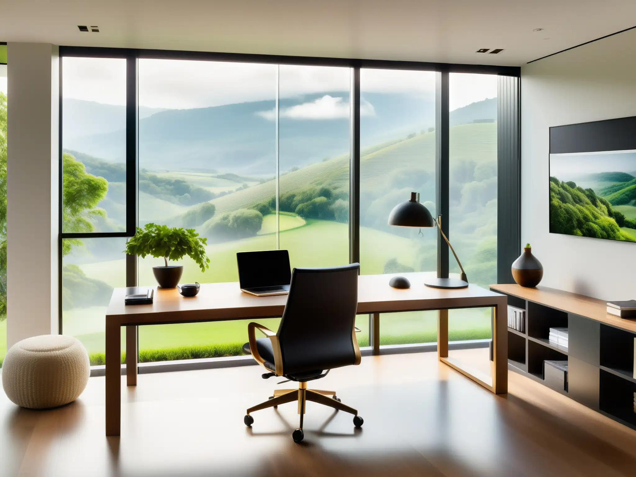 Oficina en casa con vistas panorámicas y estilo moderno Un espacio de trabajo en casa sereno y moderno con vista panorámica a un paisaje verde exuberante