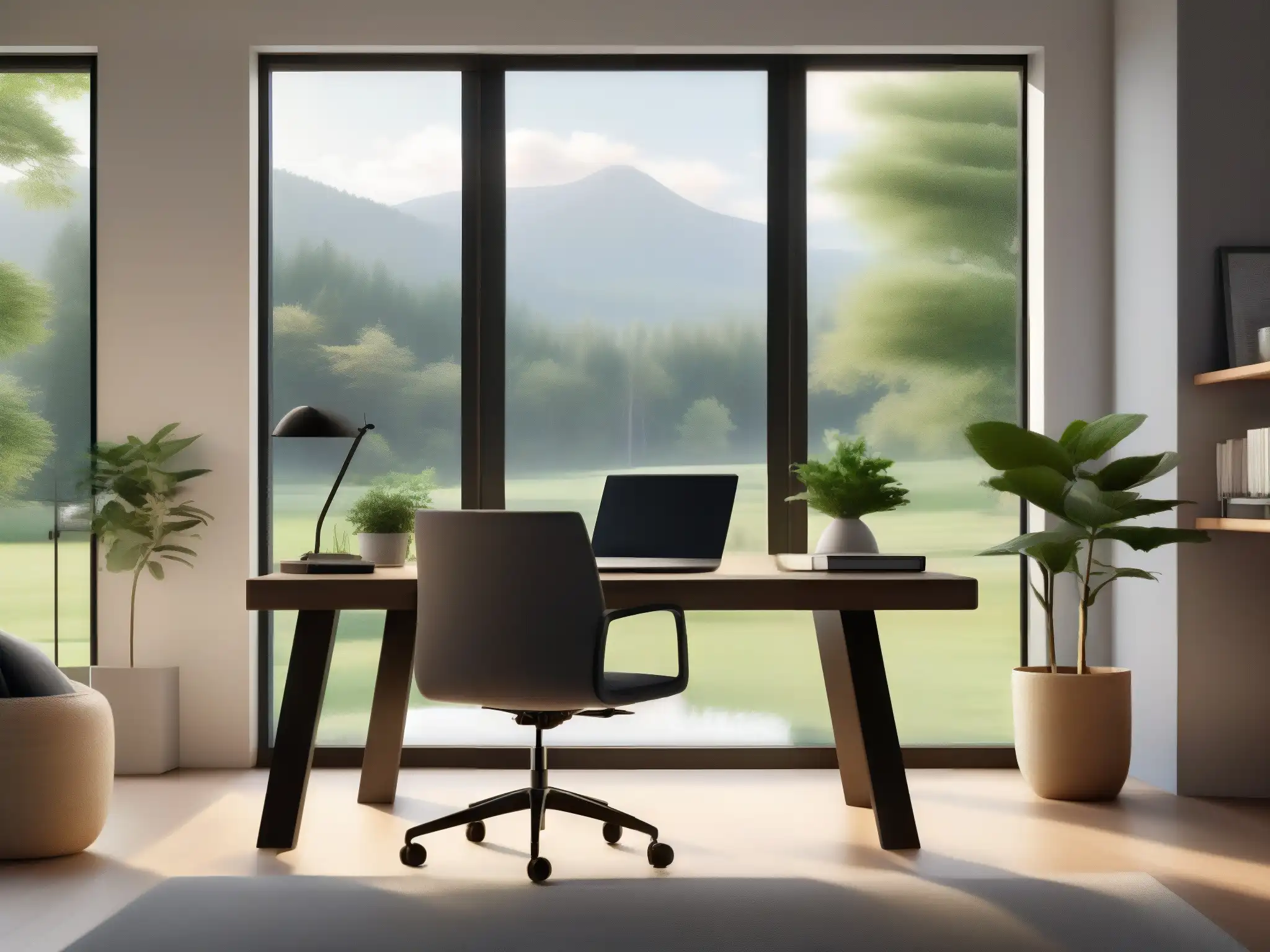 Oficina en casa serena con vistas naturales para mindfulness Espacio de trabajo en casa sereno con vistas a la naturaleza, ideal para prácticas de mindfulness en videoconferencia