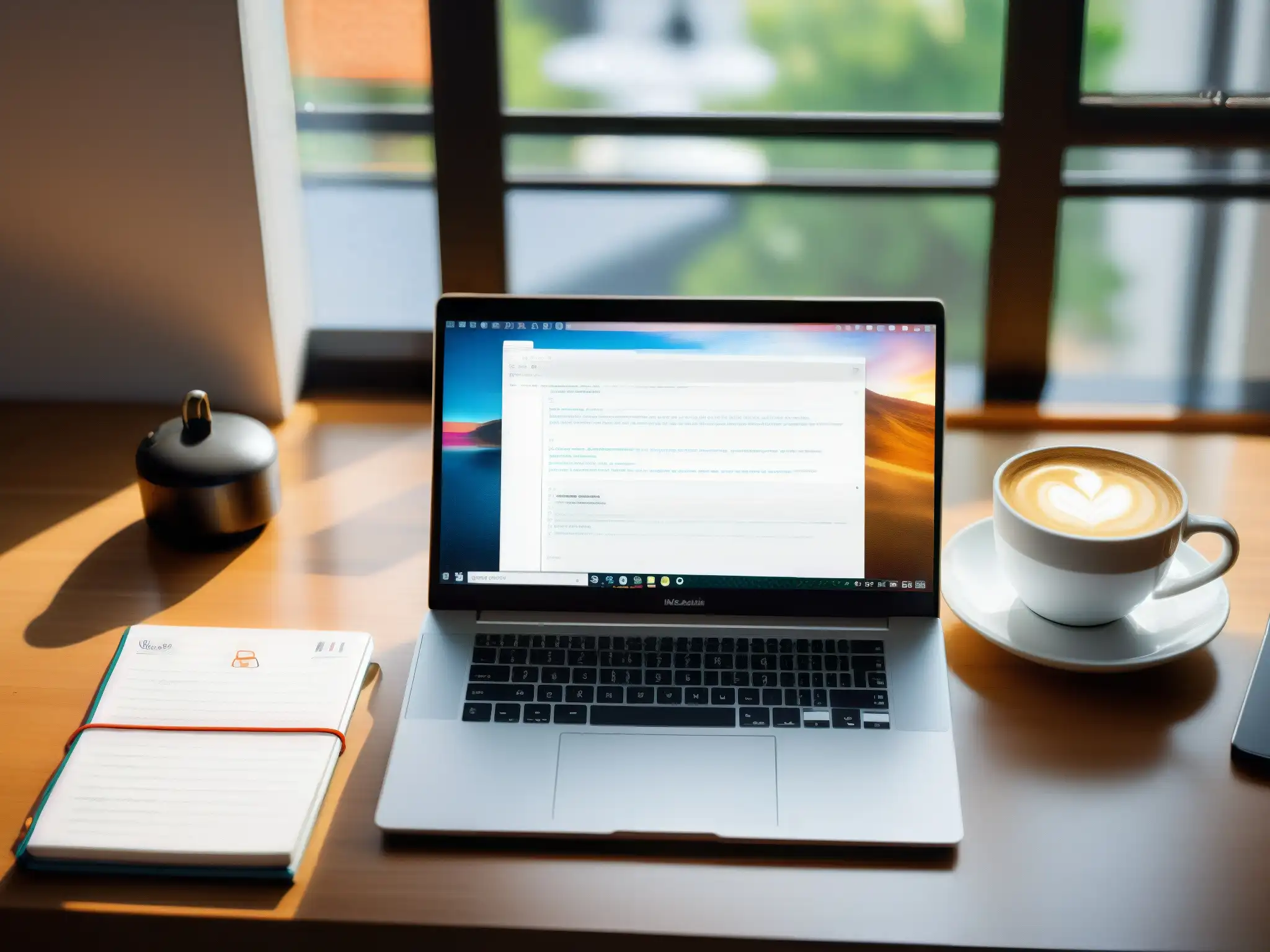 Espacio de trabajo del desarrollador: integración de API para videoconferencias Espacio de trabajo del desarrollador con laptop, código, notas, café y gafas, para personalización de videoconferencias con APIs