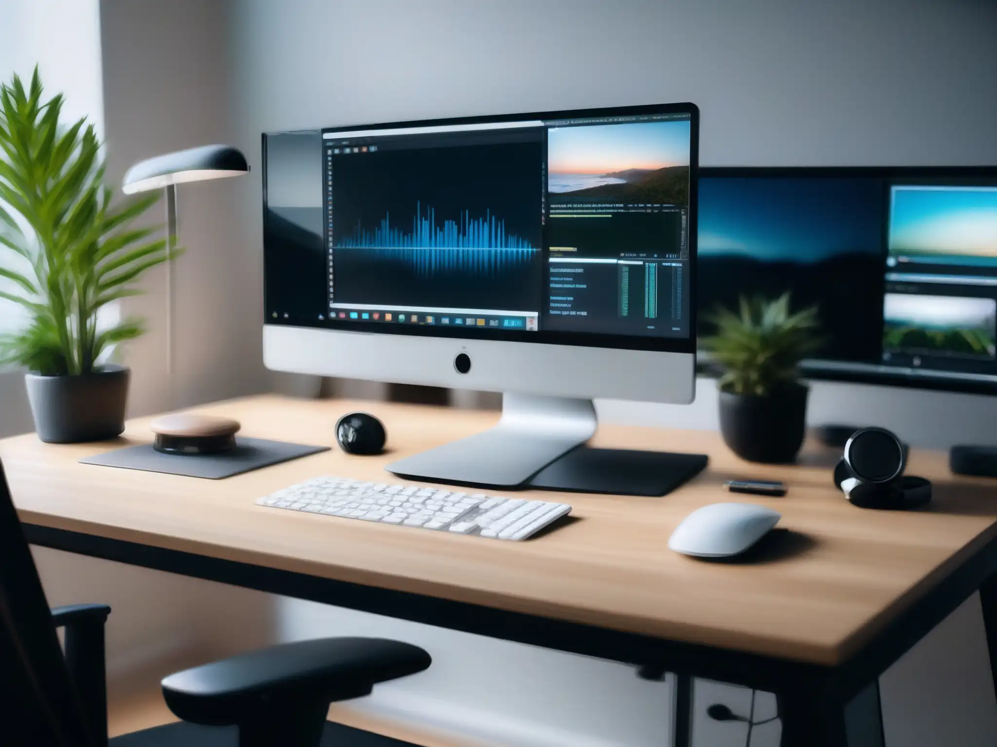 Espacio de trabajo de desarrollador web: elegante y profesional Espacio de trabajo de diseñador web con integraciones de videoconferencia, elegante y profesional, bañado en luz natural