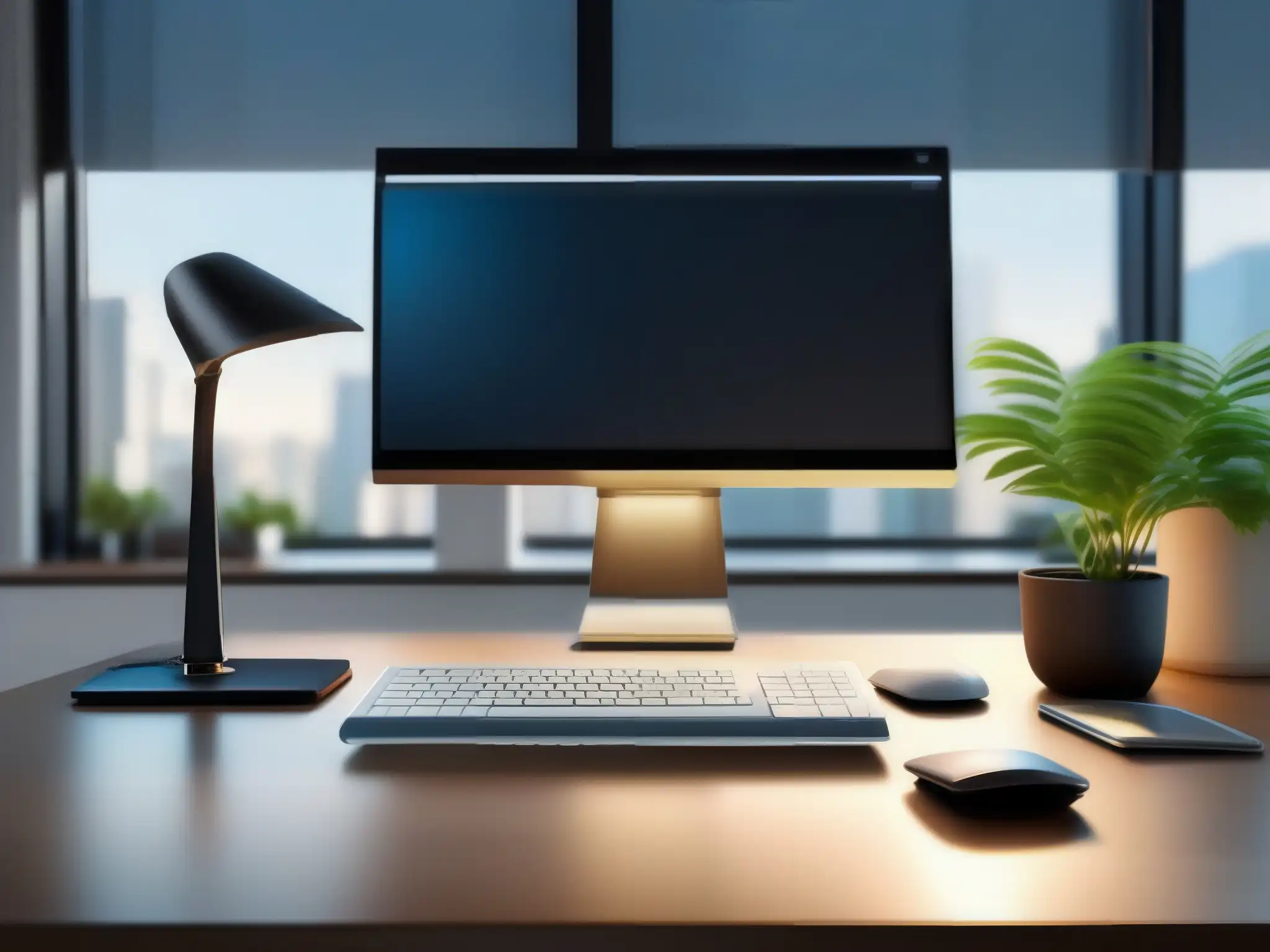 Oficina moderna con videoconferencia y plantas Espacio de trabajo elegante con integración de herramientas de videoconferencia con Trello y Asana, iluminado por luz natural