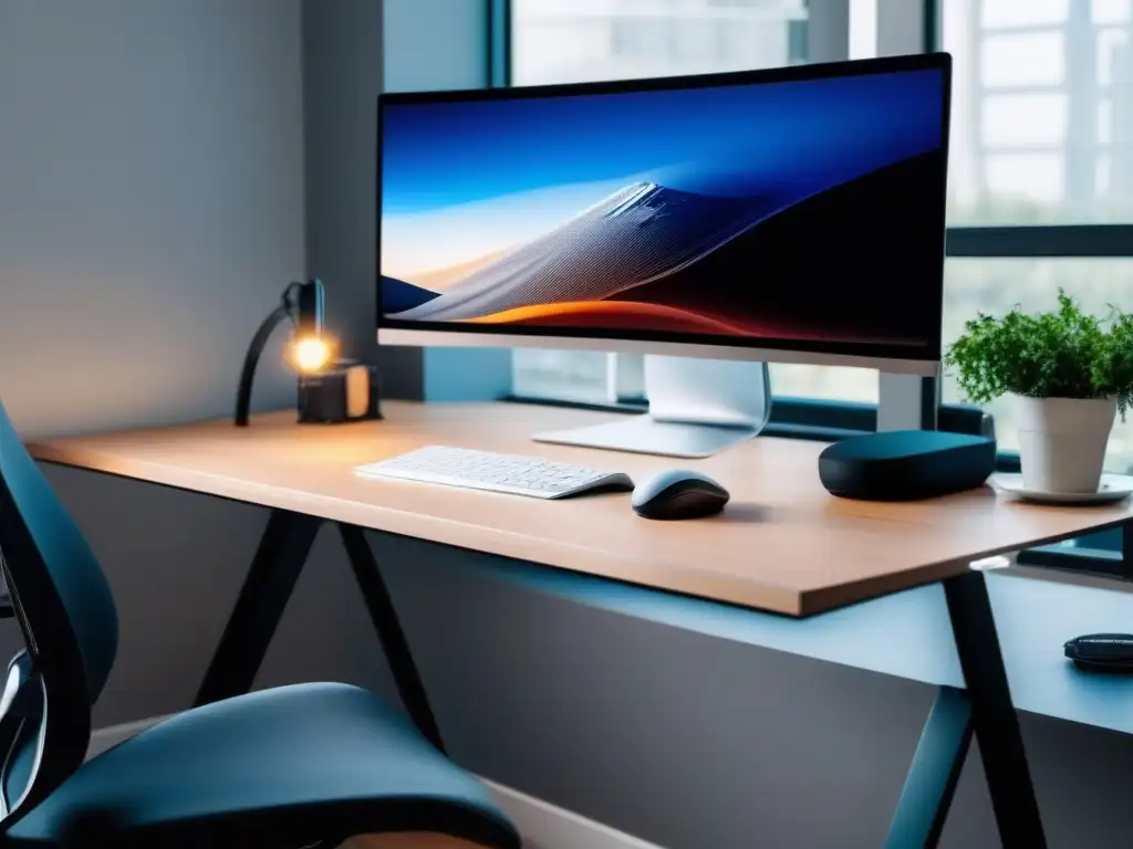 Estación de trabajo ergonómica y moderna para videoconferencias Un espacio de trabajo ergonómico y moderno con luz natural, plantas y equipamiento profesional para videoconferencias