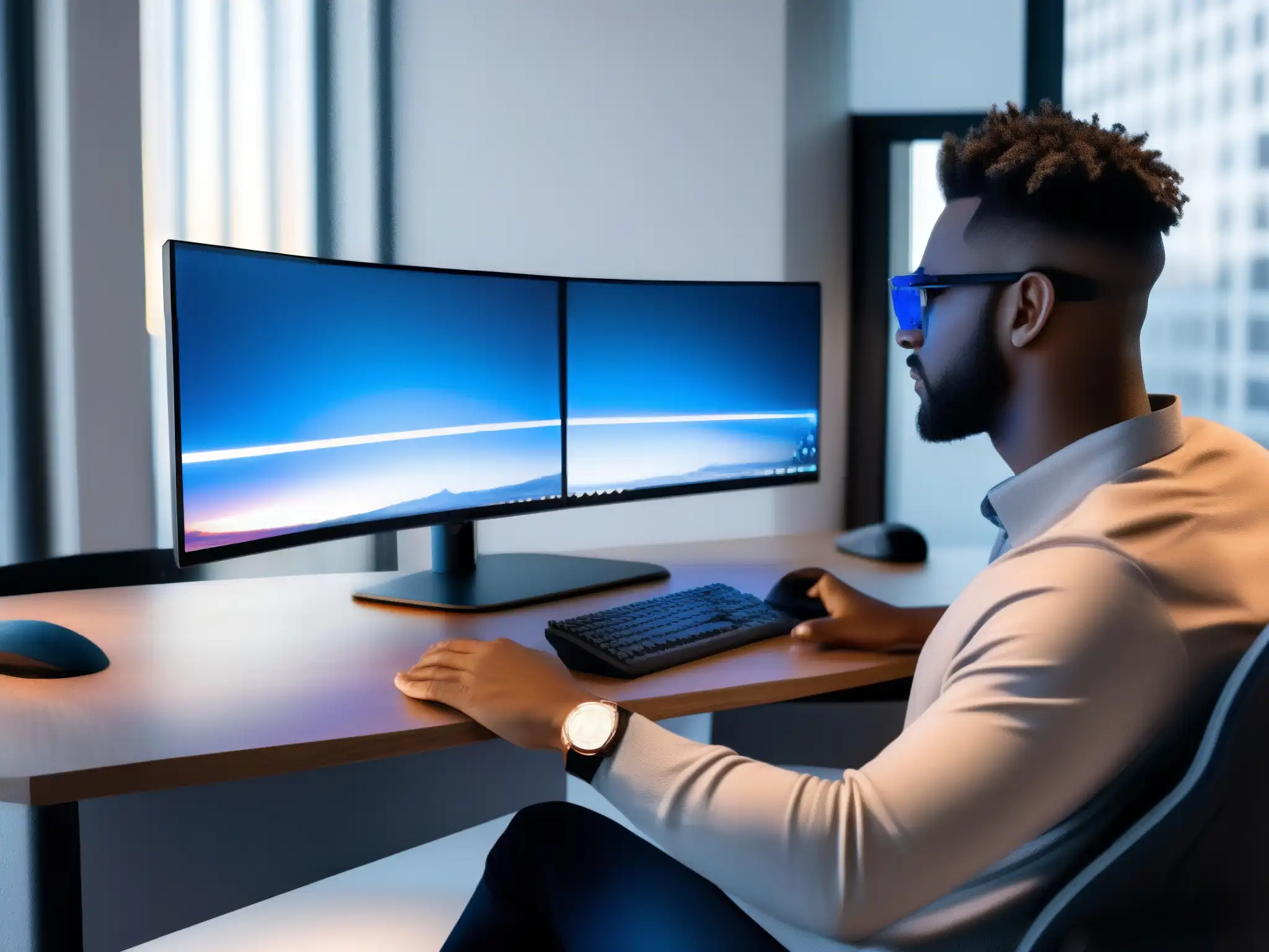 Oficina moderna y ergonómica para trabajo eficiente Espacio de trabajo ergonómico y saludable con escritorio moderno, silla ergonómica, monitor ultrapanorámico y toques de naturaleza
