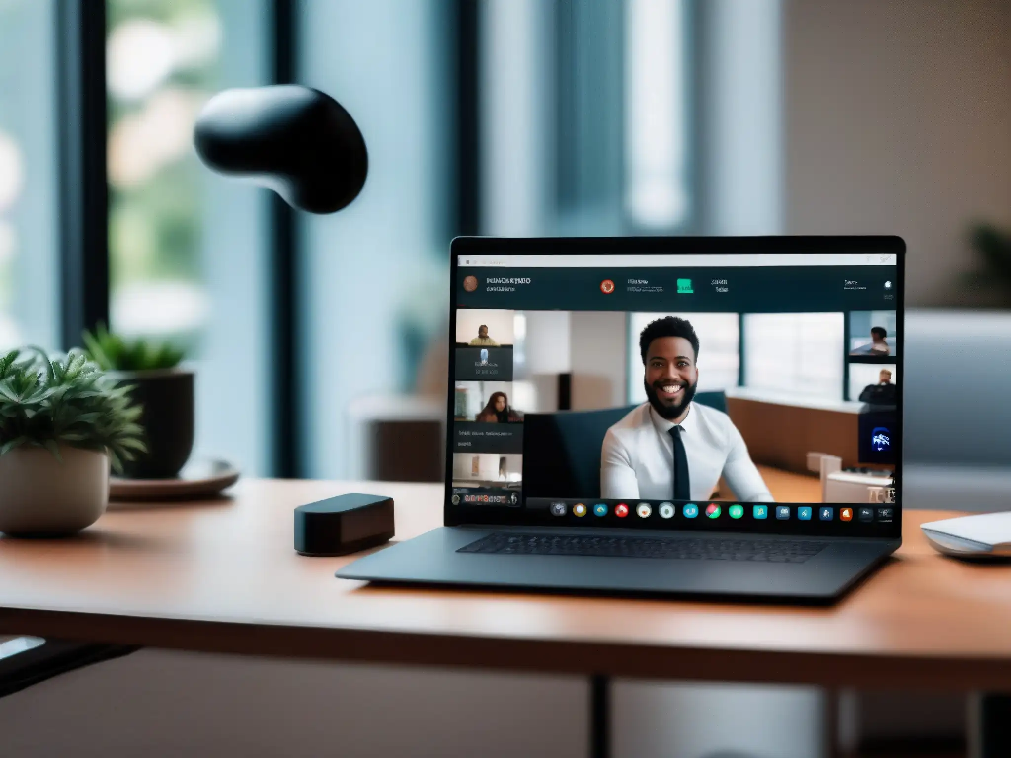 Oficina en casa profesional con tecnología moderna Espacio de trabajo minimalista con laptop de alta gama, micrófono profesional y webcam moderna