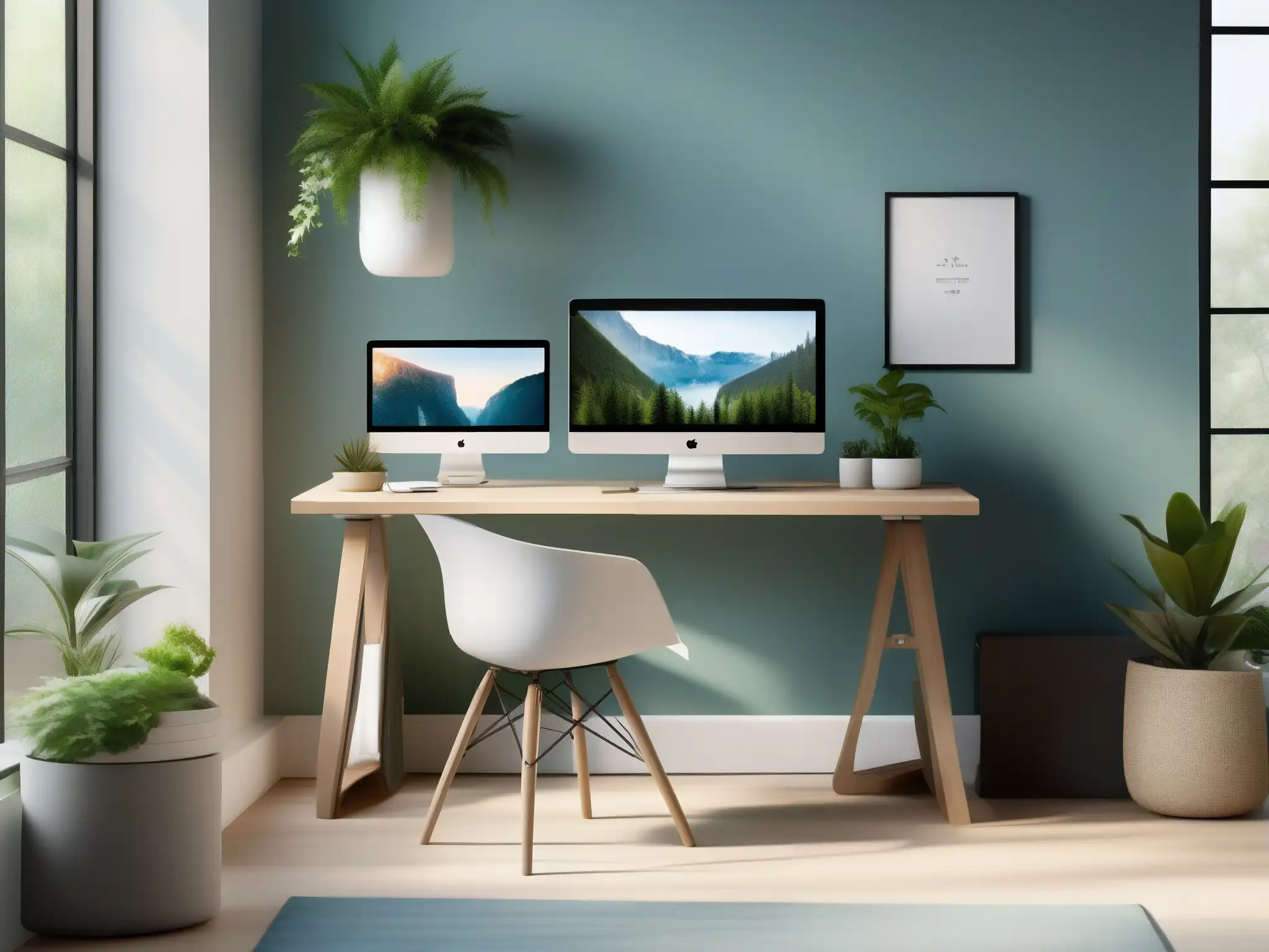 Espacio de trabajo ergonómico y moderno con plantas verdes Un espacio de trabajo moderno y elegante con ergonomía en videoconferencias para profesionales