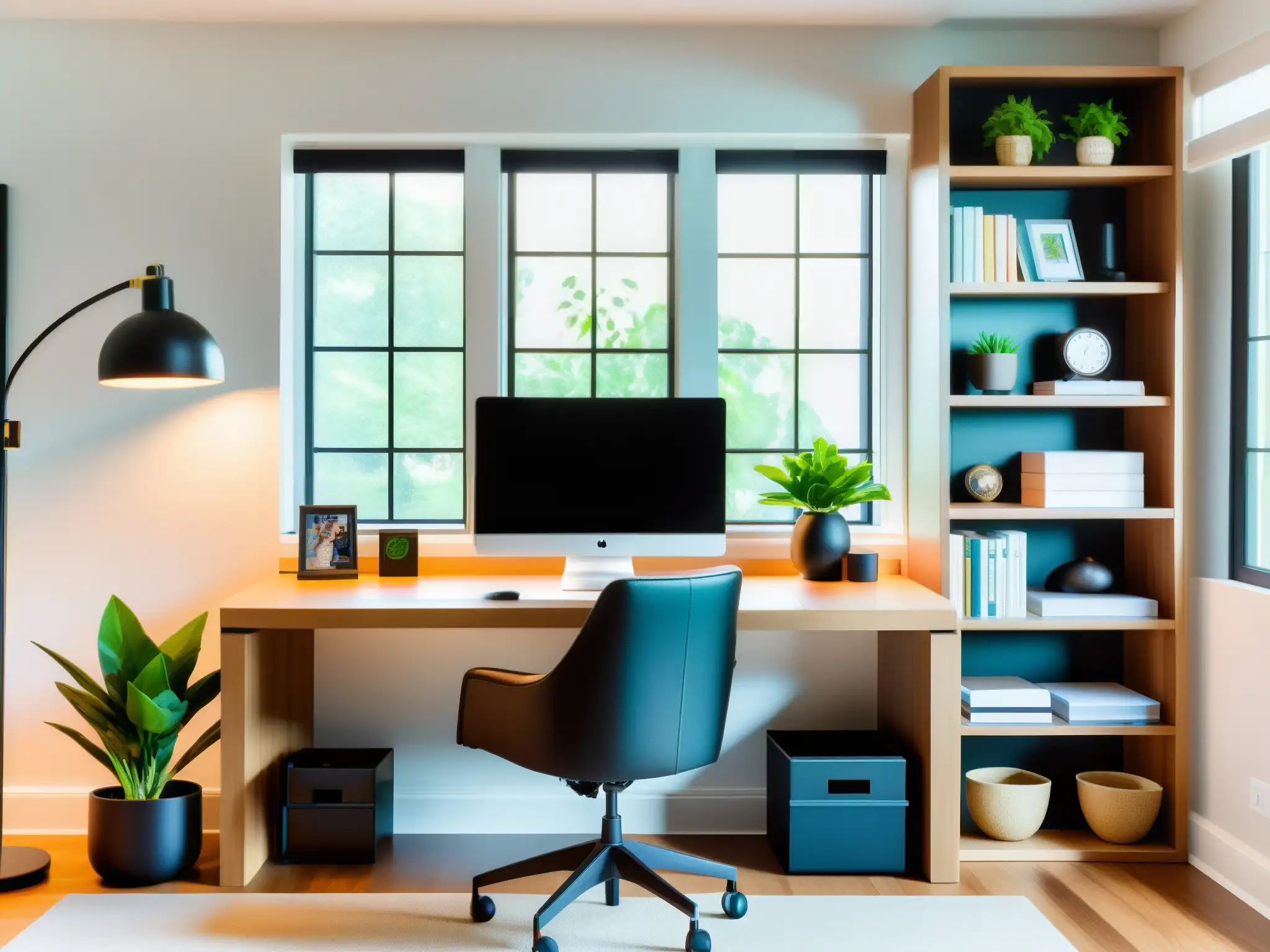 Oficina en casa moderna y luminosa con espacio de trabajo ergonómico Un espacio de trabajo moderno con escritorio elegante, silla ergonómica, monitores duales y webcam de alta calidad