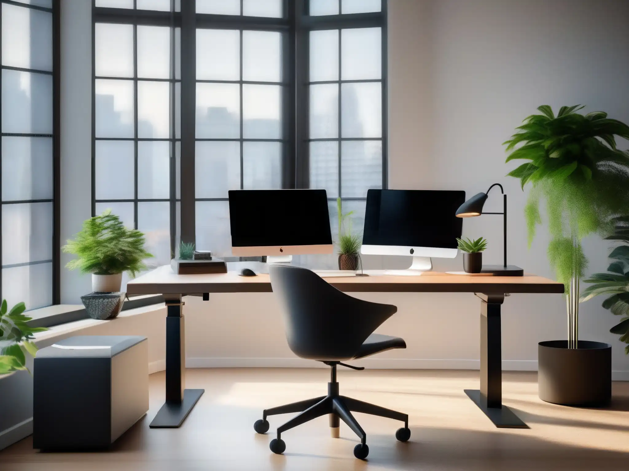 Oficina en casa minimalista y sofisticada Un espacio de trabajo moderno con un escritorio elegante, silla ergonómica, tecnología organizada, luz natural y zona de lectura acogedora