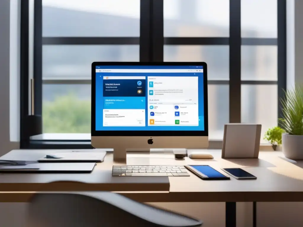 Oficina moderna con escritorio ordenado y videoconferencia Espacio de trabajo moderno con herramientas de videoconferencia integradas, organizado y bañado por luz natural