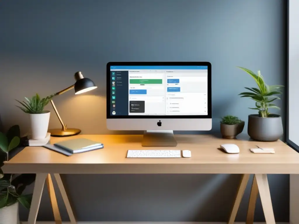 Oficina remota eficiente con Trello y Asana Espacio de trabajo moderno con integración de herramientas de videoconferencia con Trello y Asana, transmitiendo eficiencia y productividad