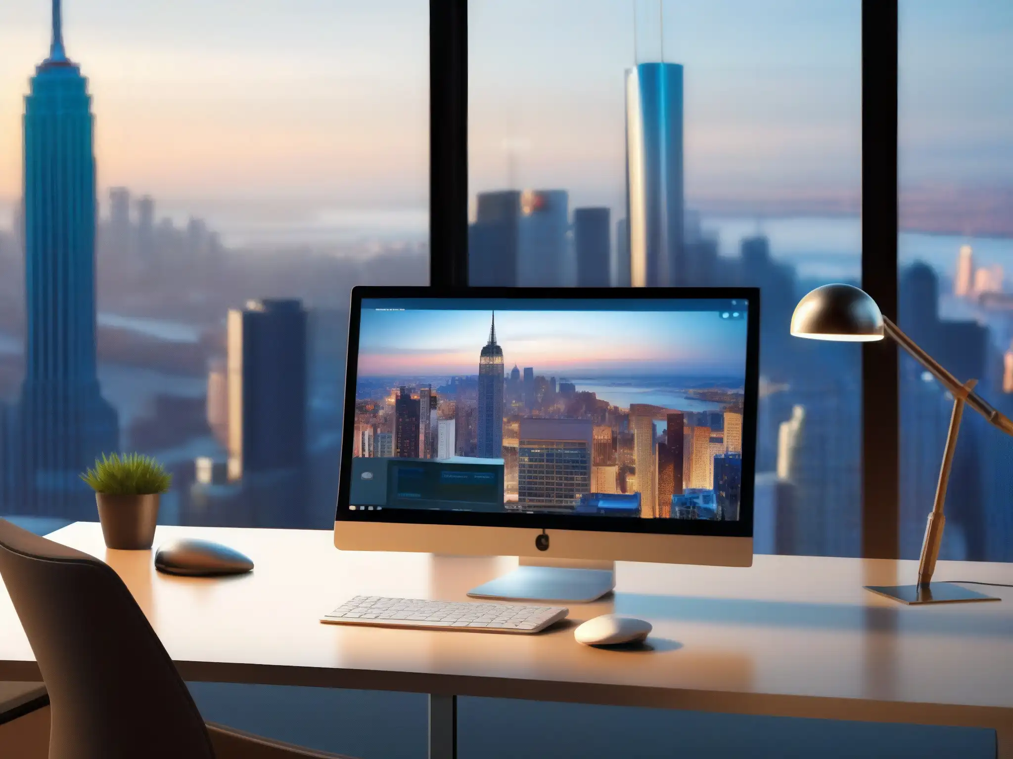 Oficina moderna con videoconferencia integrada y vista urbana Espacio de trabajo moderno con integración StarLeaf CRM, videoconferencia y vista urbana, profesional y eficiente