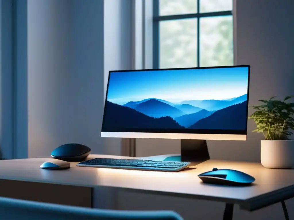 Espacio de trabajo ergonómico con gafas de bloqueo de luz azul Un espacio de trabajo moderno con monitor de alta resolución, teclado y ratón ergonómicos, y elegantes gafas bloqueadoras de luz azul