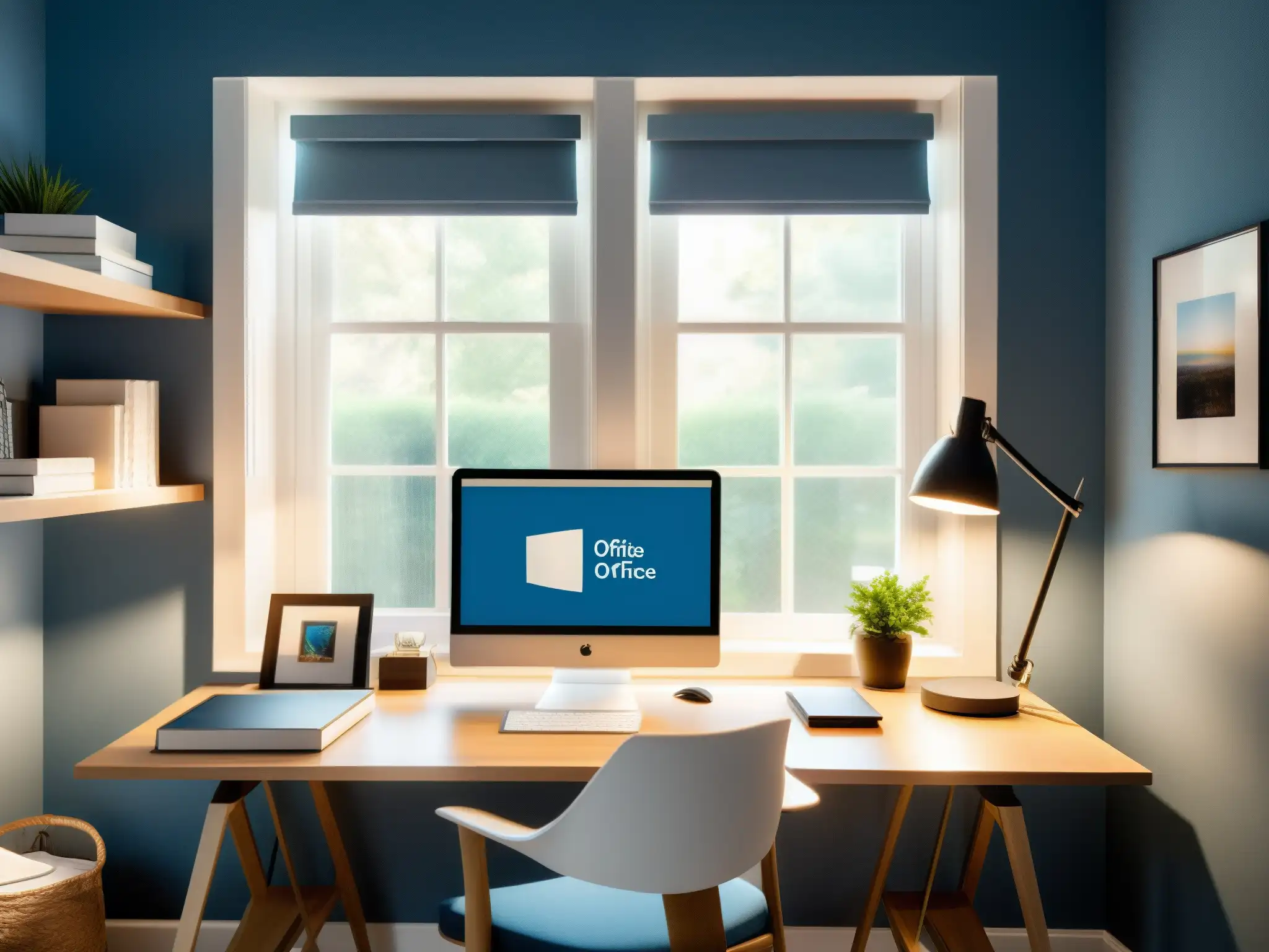 Oficina en casa moderna y ordenada con luz natural Un espacio de trabajo moderno y ordenado con materiales educativos, iluminado por luz natural