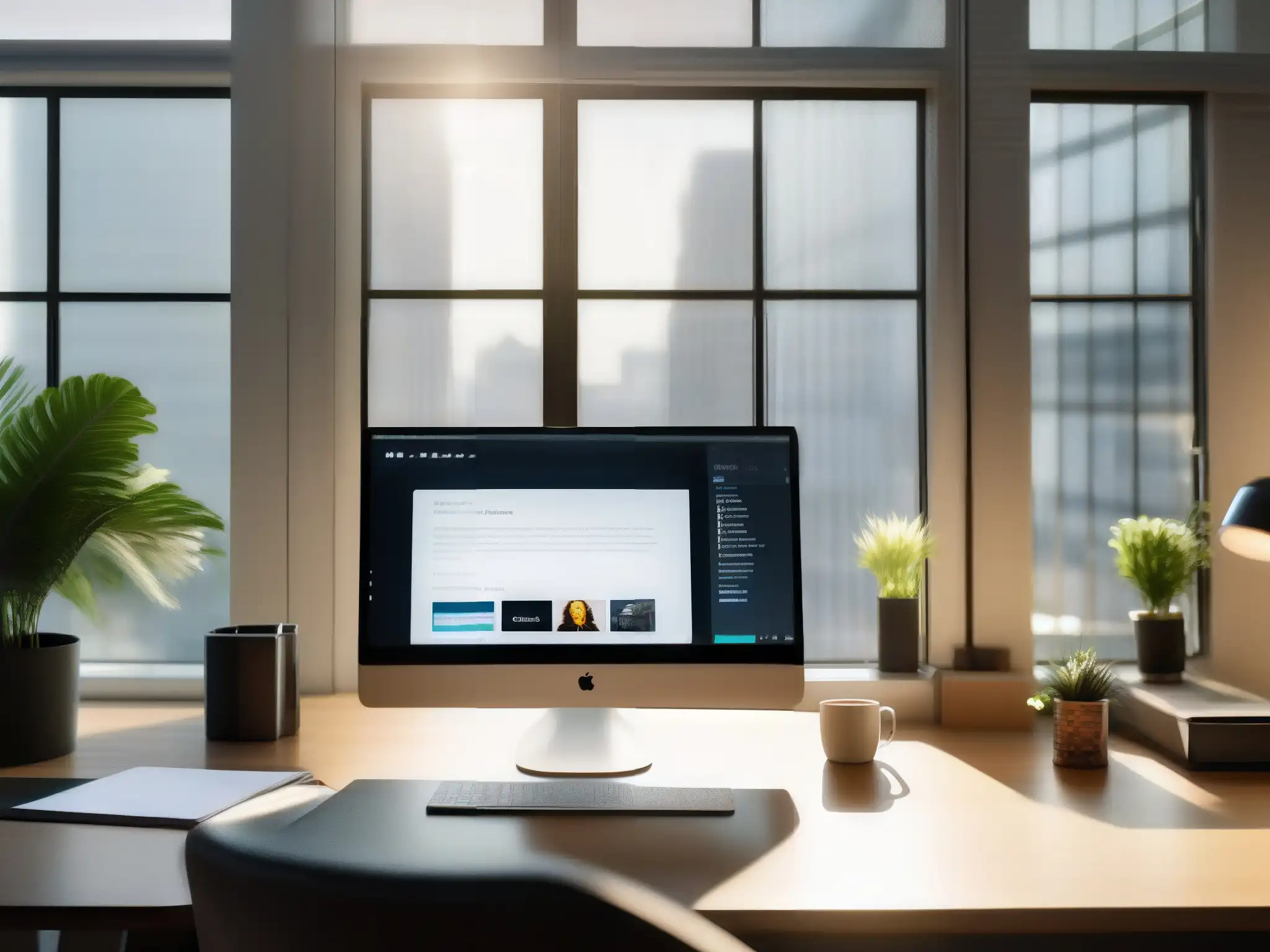 Oficina moderna: productividad y profesionalismo Un espacio de trabajo moderno y organizado con una persona enfocada en una videoconferencia productiva usando Hangouts