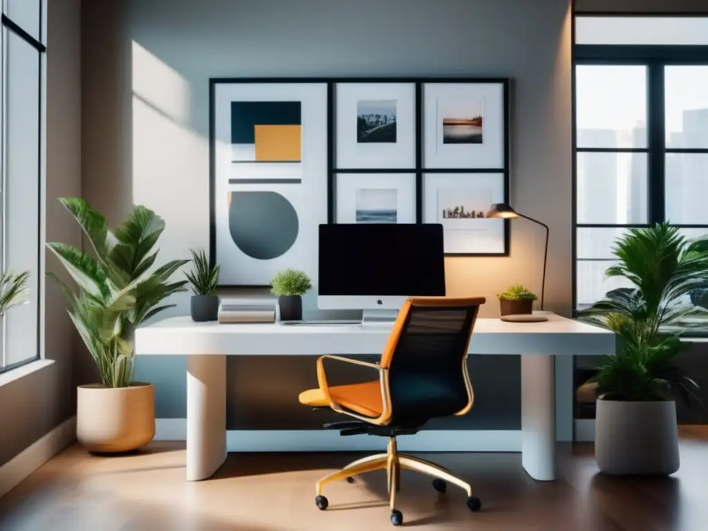Oficina en casa moderna con equilibrio entre trabajo y vida personal Un espacio de trabajo moderno con prioridades en videoconferencias profesionales, integrando armoniosamente vida laboral y personal