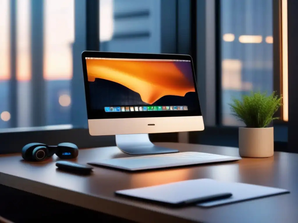 Oficina moderna con equipo de videoconferencia de alta gama Un espacio de trabajo moderno y profesional con integración de herramientas de videoconferencia para una productividad eficiente