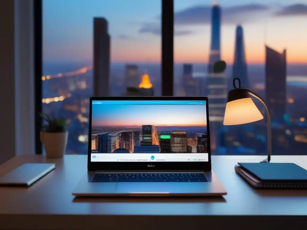 Oficina en casa: Videoconferencia profesional al atardecer Un espacio de trabajo moderno y profesional para freelancers, con una videoconferencia en Skype