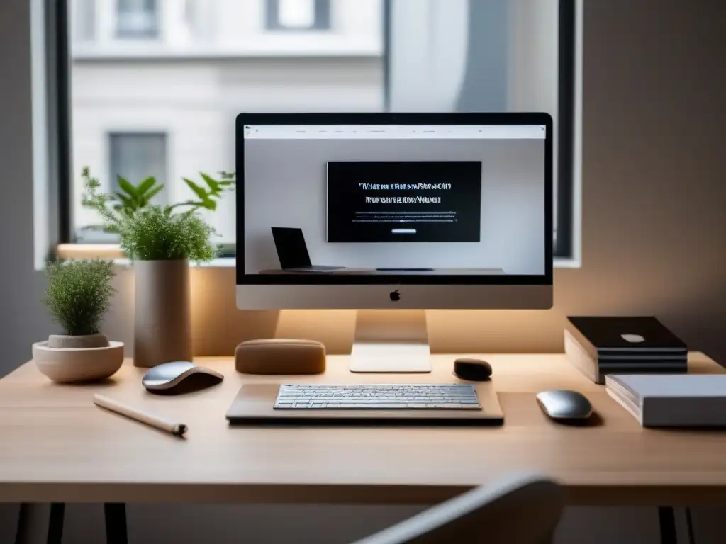 Oficina en Casa Minimalista con Estilo Espacio de trabajo moderno con protocolos seguros para videoconferencias freelancers en un ambiente sereno y enfocado, bañado en luz natural