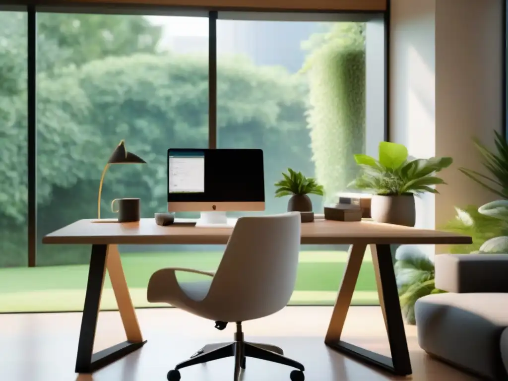 Oficina moderna y serena con vista a jardín verde Un espacio de trabajo moderno y sereno con una elegante mesa y silla cómoda