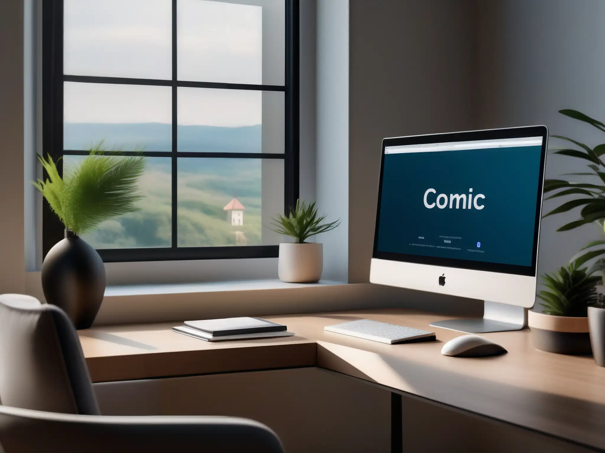 Oficina moderna con vista natural Un espacio de trabajo moderno y sofisticado para videoconferencias con vista a paisaje natural