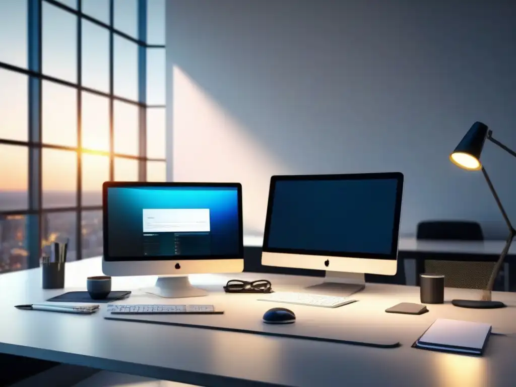 Oficina moderna: espacio de trabajo productivo y tecnológico Un espacio de trabajo moderno con tecnología y herramientas de productividad, para el análisis de productividad de Slack