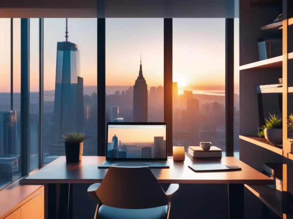 Oficina moderna con vista a la ciudad: elegancia y productividad Un espacio de trabajo moderno con vista a la ciudad, transmitiendo profesionalismo y productividad