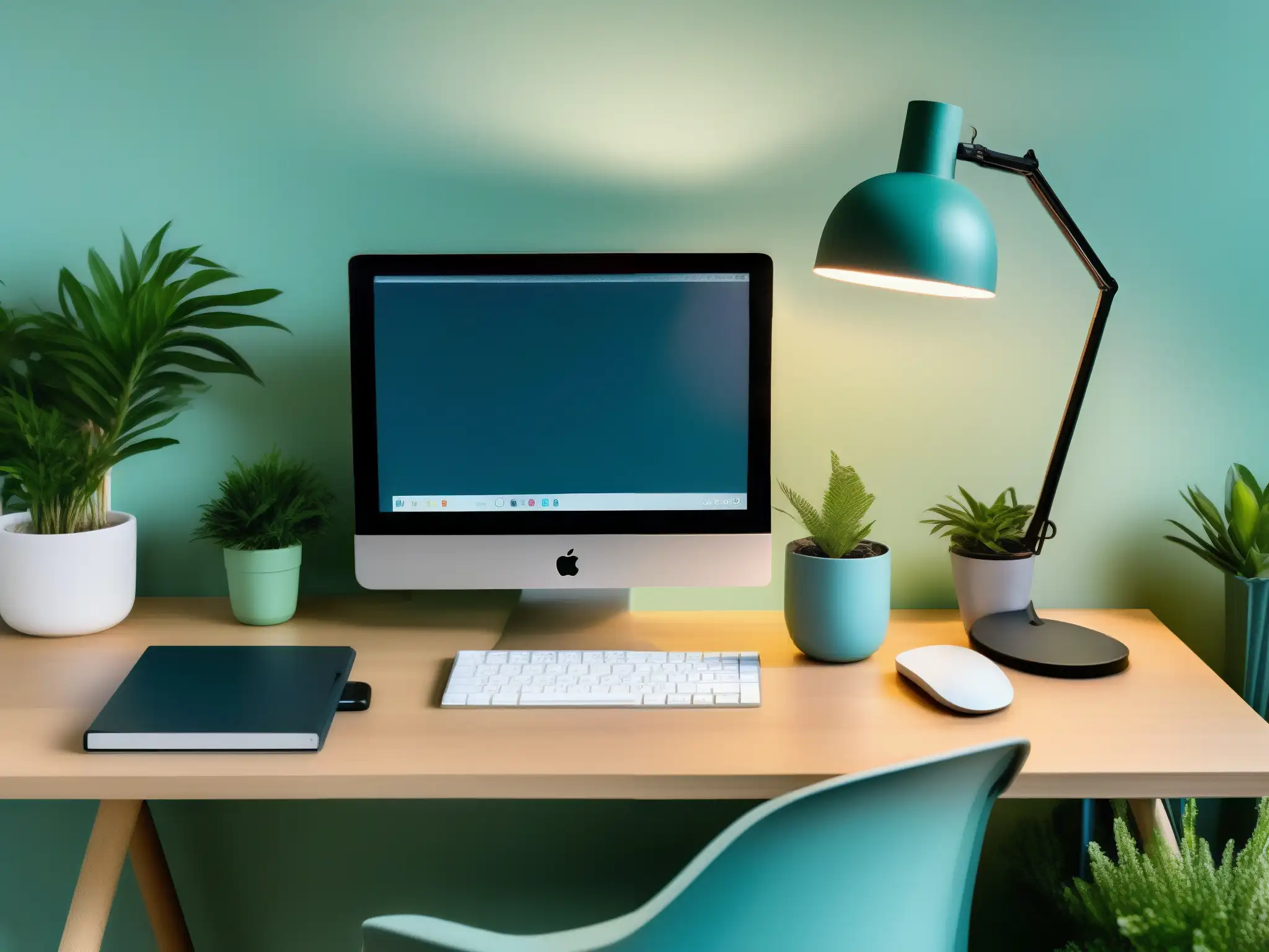 Espacio de trabajo sereno y productivo con laptop y plantas Espacio de trabajo organizado y bien iluminado, ideal para la gestión de fatiga digital en videoconferencias