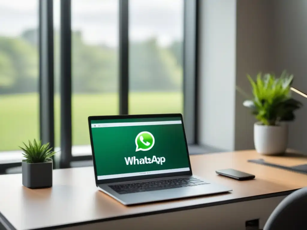 Escritorio profesional con integración de WhatsApp Business Un espacio de trabajo profesional con integración WhatsApp Business plataformas videoconferencia, mostrando eficiencia y productividad